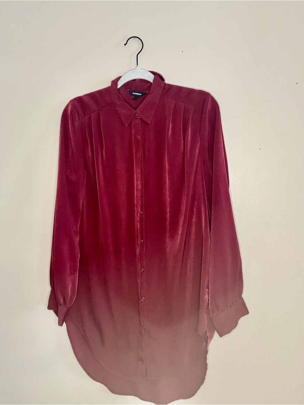 Express Burgundy Satin Long-Sleeve Button-Up Blouse
